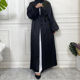 1950# New Design Satin Pretty Pattern Print With Feather Simplicity Elegant Cardigan Muslim Abaya - Premium  from CHAOMENG - Just $27.90! Shop now at CHAOMENG MUSLIM SHOP