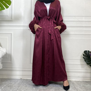1950# New Design Satin Pretty Pattern Print With Feather Simplicity Elegant Cardigan Muslim Abaya - Premium  from CHAOMENG - Just $27.90! Shop now at CHAOMENG MUSLIM SHOP