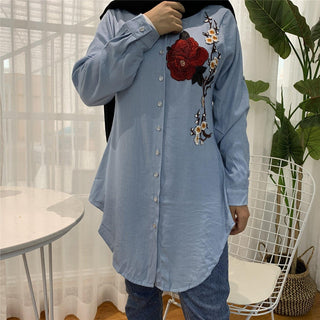 2055#Casual Muslim Shirt Blue Blouses With Flora - Premium  from CHAOMENG - Just $26.90! Shop now at CHAOMENG MUSLIM SHOP