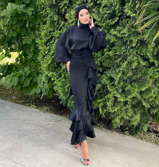 2237#+2238# Latest Fashion Set Thick Satin Lace Up Top And Pretty Pleated Zipper Skirt  Abaya Suit - Premium  from CHAOMENG - Just $33.90! Shop now at CHAOMENG MUSLIM SHOP
