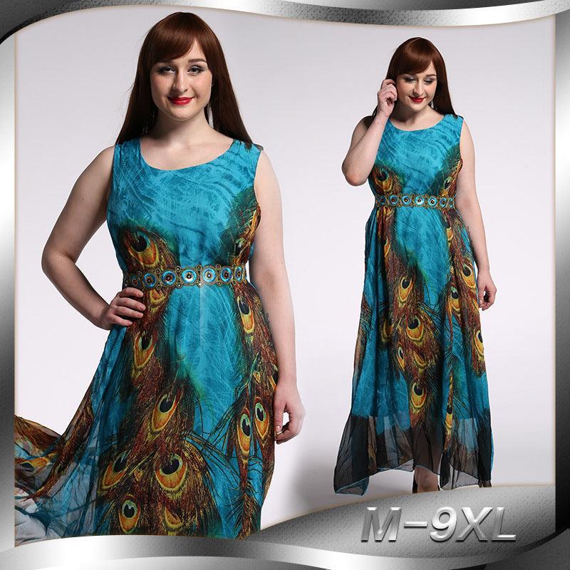 3027# Plus Size Chiffon Dress Peacock Flower Style