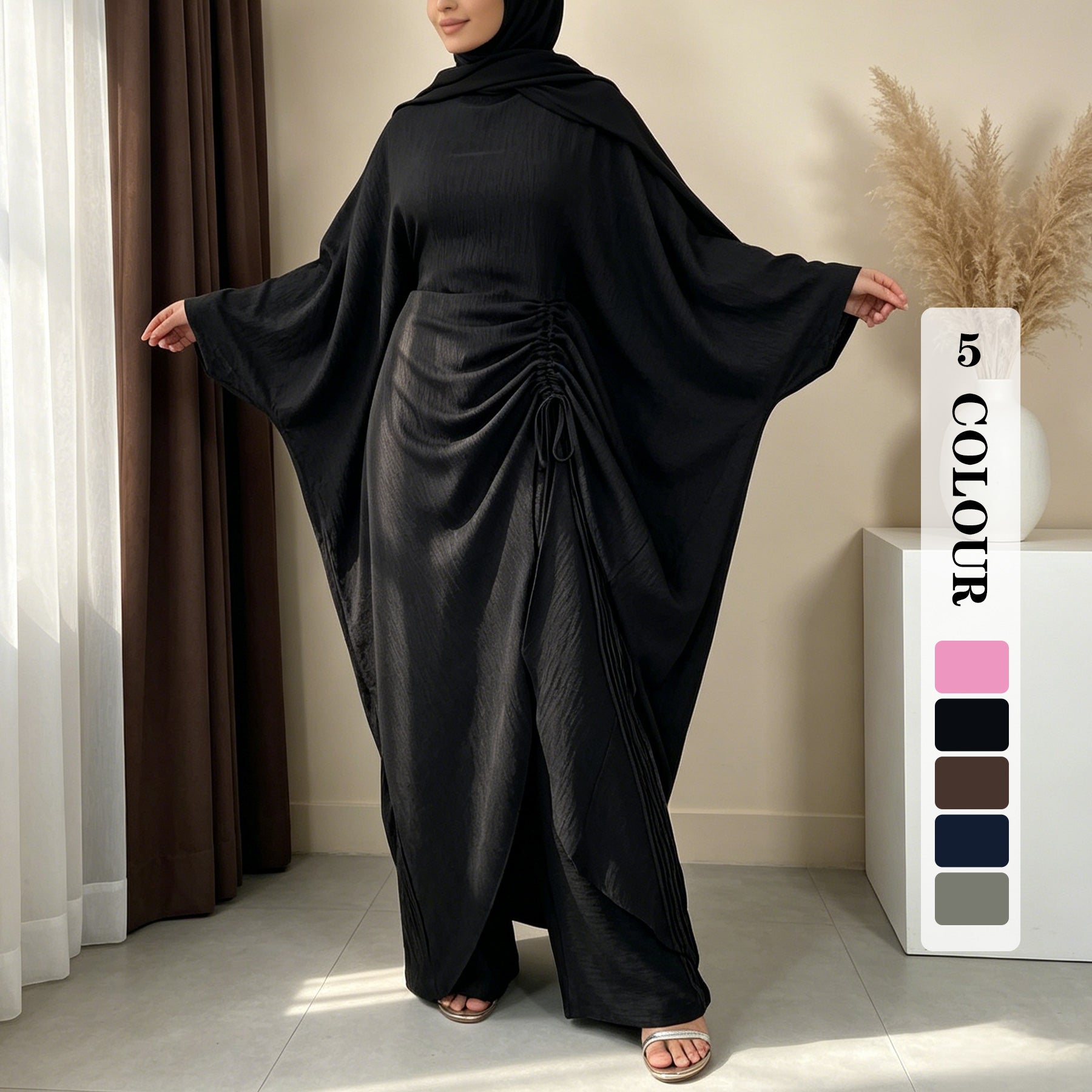 6753+1909# Crepe Muslim 2 PCS Abaya Set Batwing sleeve & side