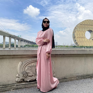 6345#Eid Mubarek Abaya Dubai Turkey Satin Hijab Muslim Dress - CHAOMENG MUSLIM SHOP