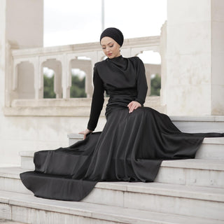 6664# New Arrival Thick Satin High Round Neck Elastic Pleated Waist Big Bottom Long Dress CHAOMENG MUSLIM SHOP muslim abaya dress