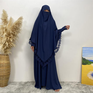 6693#  2 Piece Set New Fashion Prayer Muslims Women Lace Party Gift Dress And Khimar CHAOMENG MUSLIM SHOP muslim abaya dress