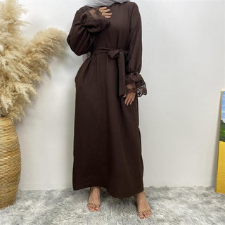 6723#  Bubble Crepe Simple abaya premium lace ribbon long sleeve summer women dress 3 color CHAOMENG MUSLIM SHOP muslim abaya dress