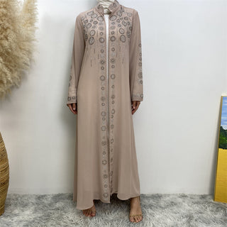 6740# [Buy a free hijab today] Luxury EID Abaya Chiffon Round Collar With One Button Drilling Bead Rhinestone CHAOMENG MUSLIM SHOP muslim abaya dress