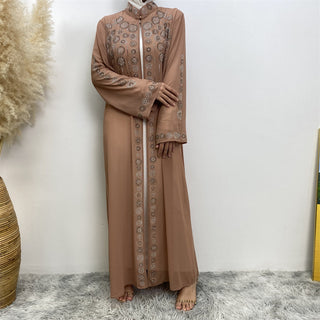 6740# [Buy a free hijab today] Luxury EID Abaya Chiffon Round Collar With One Button Drilling Bead Rhinestone CHAOMENG MUSLIM SHOP muslim abaya dress