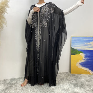 6741# High quality chiffon batwing diamond open abayas with rhinestones and hood 5 colors CHAOMENG MUSLIM SHOP muslim abaya dress