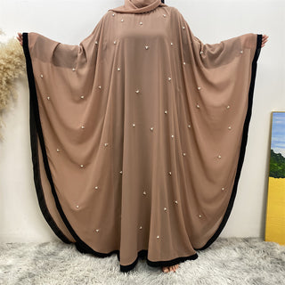 6763#   [with hijab] Eid Fashion Lightweight Chiffon Batwing Sleeves Classy Pearls With Belt Inside Abaya 服装 CHAOMENG chaomeng.myshopify.com Brown（棕色） / S （5‘0-5'1） Brown（棕色） S （5‘0-5'1） 