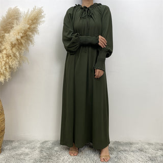 6764#  Fashion Long Woman Dress Lace-up Collar With Pleated Sleeve 服装 CHAOMENG chaomeng.myshopify.com Army Green（军绿） / S (5'0-5'1) Army Green（军绿） S (5'0-5'1) 