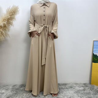 6771#  Eid Front Open Button Attach With Belt High Quality Woman Fahsion Muslim Dress 服装 CHAOMENG chaomeng.myshopify.com Beige（杏色） / S (5'0-5'1) Beige（杏色） S (5'0-5'1) 