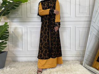 9060#Summer Yellow  With Black Lace Long Sleeve Dresses CHAOMENG MUSLIM SHOP muslim abaya dress