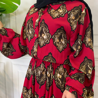 9063#Summer Long Sleeve Printed Red Fashion Chiffon Dresses CHAOMENG MUSLIM SHOP muslim abaya dress