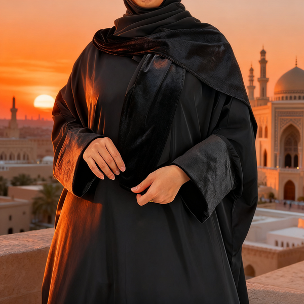 6889# [with hijab] Modest Luxe Velvet Detailing Muslim Dress + Hijab Set | Warm & Modest Batwing Sleeve Dress