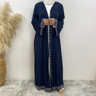 1402#  Latest Eid Abaya Simple Luxury Diamond Pearls With Side Pockets With Front Belt Women