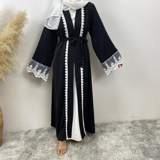 1405# Beautiful premium nida open abaya with white lace and pockets in spring colors for islamic muslim ladies 服装 CHAOMENG chaomeng.myshopify.com Black（黑色） / S (5'0-5'1) Black（黑色） S (5'0-5'1) 