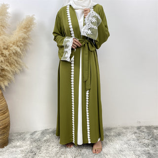 1405# Beautiful premium nida open abaya with white lace and pockets in spring colors for islamic muslim ladies 服装 CHAOMENG chaomeng.myshopify.com Green（绿色） / S (5'0-5'1) Green（绿色） S (5'0-5'1) 