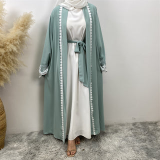 1405# Beautiful premium nida open abaya with white lace and pockets in spring colors for islamic muslim ladies 服装 CHAOMENG chaomeng.myshopify.com Mint（浅绿） / S (5'0-5'1) Mint（浅绿） S (5'0-5'1) 