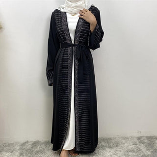 1421#  New Gorgeously Shiny Hot Drilling Diamond Loose Solid Color With Pockets Women Open Abaya 服装 CHAOMENG chaomeng.myshopify.com Black （黑色） / S（5'0-5'1） Black （黑色） S（5'0-5'1） 