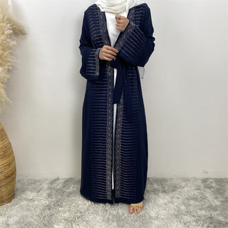 1421#  New Gorgeously Shiny Hot Drilling Diamond Loose Solid Color With Pockets Women Open Abaya 服装 CHAOMENG chaomeng.myshopify.com Navy （蓝色） / S（5'0-5'1） Navy （蓝色） S（5'0-5'1） 