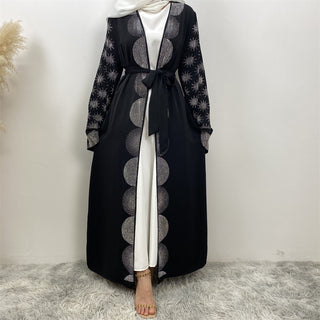 1423# Luxury Women Open Abaya Classic Black Sparkle Silver Hot Drilling Design With Pockets Latest Muslim 服装 CHAOMENG chaomeng.myshopify.com 