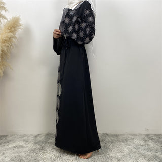 1423# Luxury Women Open Abaya Classic Black Sparkle Silver Hot Drilling Design With Pockets Latest Muslim 服装 CHAOMENG chaomeng.myshopify.com 