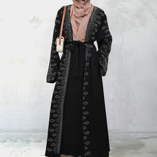 1424# Premium Modest for Muslim Women Nida Open Abaya with Sequins Black Long Coat with Side Pockets