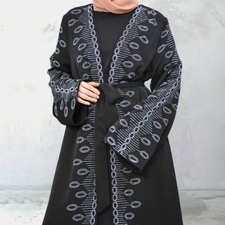 1424# Premium Modest for Muslim Women Nida Open Abaya with Sequins Black Long Coat with Side Pockets