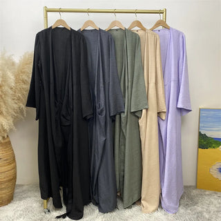 1436#  New Soft Linen Women's Dubai Modest Fashion Open Abaya Wrap Belt Kimono Wide Sleeve