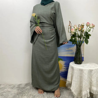 1436#  New Soft Linen Women's Dubai Modest Fashion Open Abaya Wrap Belt Kimono Wide Sleeve