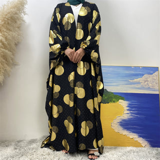 1442# Modest Fashion Black Batwing Sleeve Kaftan New Gold Printed Long Robe Open Cardigan For Muslim Ladies