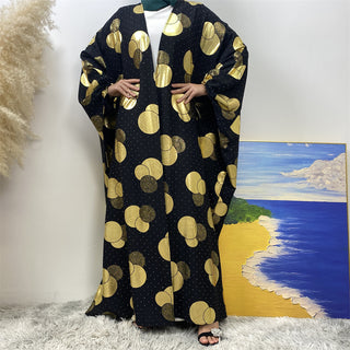 1442# Modest Fashion Black Batwing Sleeve Kaftan New Gold Printed Long Robe Open Cardigan For Muslim Ladies