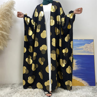 1442# Modest Fashion Black Batwing Sleeve Kaftan New Gold Printed Long Robe Open Cardigan For Muslim Ladies