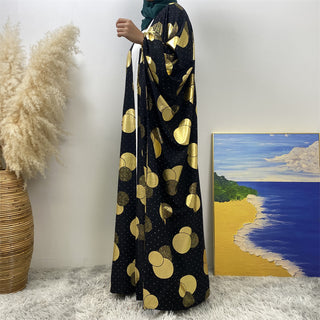 1442# Modest Fashion Black Batwing Sleeve Kaftan New Gold Printed Long Robe Open Cardigan For Muslim Ladies