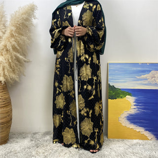 1444# Classy Gorgeously Gold Flowers Print With Shiny Rhinestones With Hidden Belt With Pockets Women Eid Black Abaya