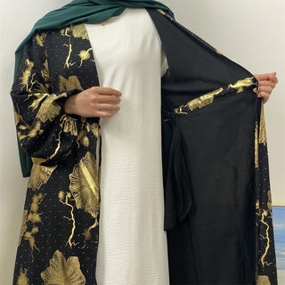 1444# Classy Gorgeously Gold Flowers Print With Shiny Rhinestones With Hidden Belt With Pockets Women Eid Black Abaya