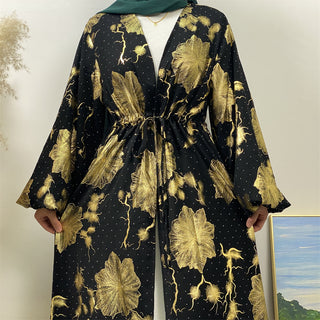 1444# Classy Gorgeously Gold Flowers Print With Shiny Rhinestones With Hidden Belt With Pockets Women Eid Black Abaya