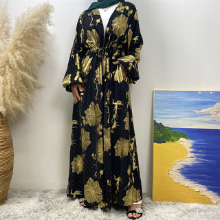 1444# Classy Gorgeously Gold Flowers Print With Shiny Rhinestones With Hidden Belt With Pockets Women Eid Black Abaya