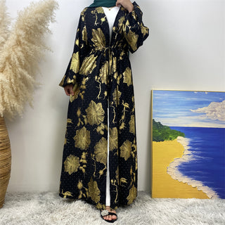 1444# Classy Gorgeously Gold Flowers Print With Shiny Rhinestones With Hidden Belt With Pockets Women Eid Black Abaya