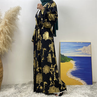 1444# Classy Gorgeously Gold Flowers Print With Shiny Rhinestones With Hidden Belt With Pockets Women Eid Black Abaya