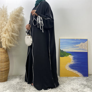 1446+6595# 2 PCS Set With inner Crepe Split Lace Up Sleeves White Line Abaya Match Loose Sleeveless Inner Dress Abaya Dress