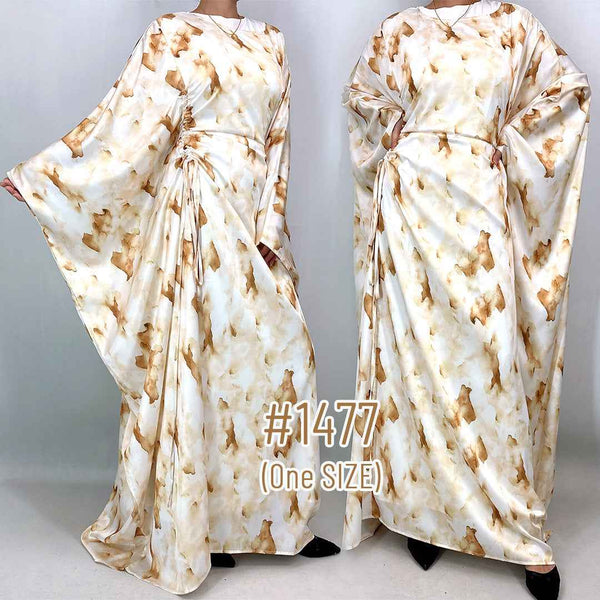 1477# Satin Maxi Modest Dress | Artistic Print Bat Sleeve | Adjustable All-Size Boho Dres