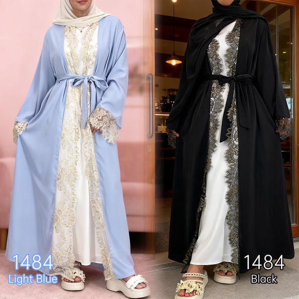 1484# Modest Fashion [Including hijab but not inner] Nida Fabric Muslim Abaya, Two Colors & 5 Sizes, With Belt and Pocket, Lace Decoration Shows Elegance