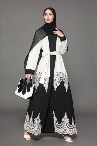 1566# Open lace abaya  muslim long dress - CHAOMENG MUSLIM SHOP