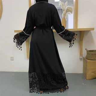 1587#Muslim For Women Open Abaya Kimono Long Lace Tassel Sleeve - CHAOMENG MUSLIM SHOP