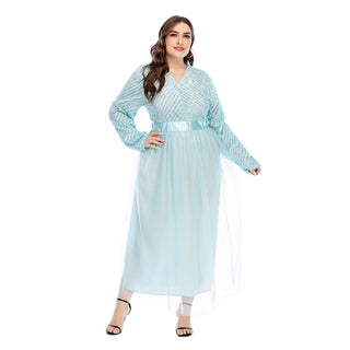 16002# Plus Size Fashion Waist Wrapped Feather V-Neck Dress CHAOMENG MUSLIM SHOP muslim abaya dress