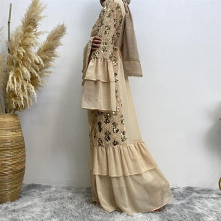 17370# Chiffon Luxury Tassel Sequins Open Abaya With 2 Layered Sleeve - CHAOMENG MUSLIM SHOP