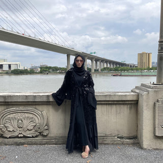 1737#[With hijabs]New Arrivals Arab Fashion Printed Lantern Sleeve Cardigan Robe Chiffon Muslim Abaya - CHAOMENG MUSLIM SHOP