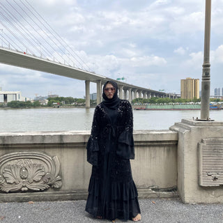 1737#[With hijabs]New Arrivals Arab Fashion Printed Lantern Sleeve Cardigan Robe Chiffon Muslim Abaya - CHAOMENG MUSLIM SHOP